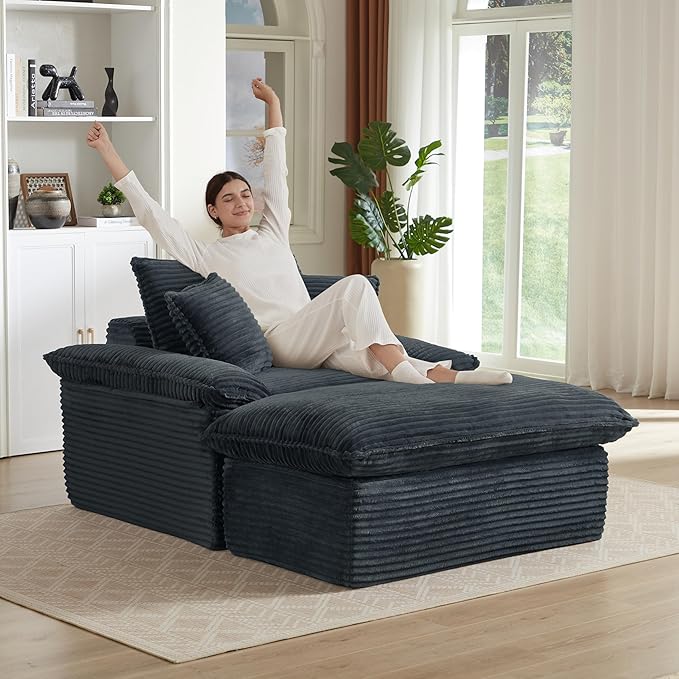 52" Boneless Chaise Lounge – Oversized Chaise Lounge Chair Indoor with Ottoman, Cup Holder & 3 Pillows, Corduroy 3-in-1 Floor Sleeper Chair Bed for Adults, Reading, Napping,Dark Grey