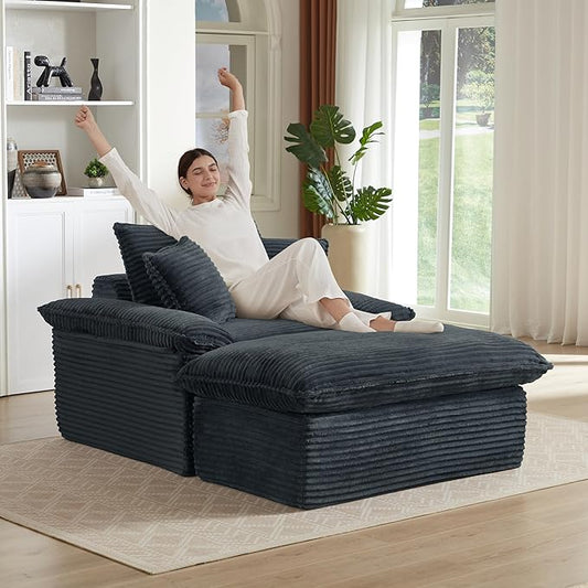 52" Boneless Chaise Lounge – Oversized Chaise Lounge Chair Indoor with Ottoman, Cup Holder & 3 Pillows, Corduroy 3-in-1 Floor Sleeper Chair Bed for Adults, Reading, Napping,Dark Grey