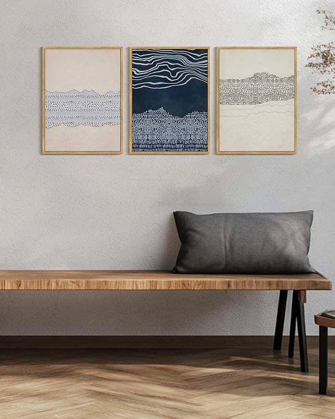 KUVIOKE Navy Blue Abstract Shapes Framed Canvas Wall Art Minimalist Wooden Pastel Boho Wall Decor Modern Neutral Farmhouse Rustic Art Painting for Bedroom Dining Room 12x16in (Natural Framed)