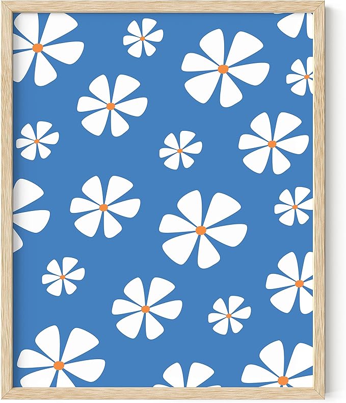HAUS AND HUES Daisy Wall Art - Blue Floral Print, Aesthetic Flower Painting for Home Decor (Beige Frame, 16x20)