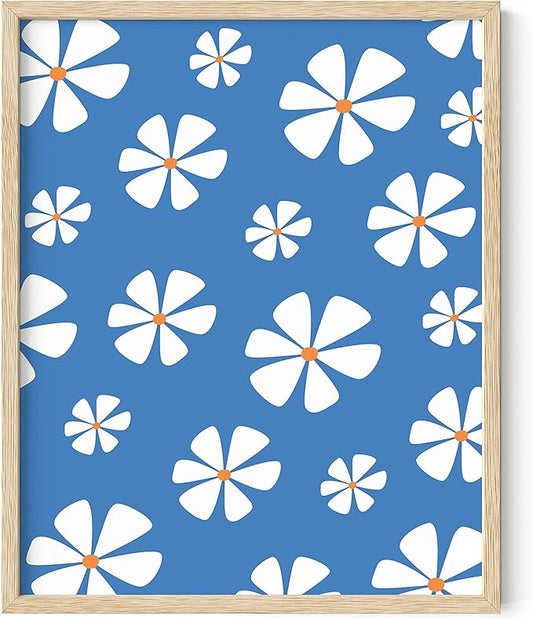HAUS AND HUES Daisy Wall Art - Blue Floral Print, Aesthetic Flower Painting for Home Decor (Beige Frame, 16x20)