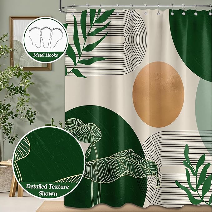 Dark Green Shower Curtain Olive Green Emerald Mid Century Modern Shower Curtains for Bathroom Decor Boho MCM Neutral Bath Curtain Set, Waterproof Fabric with Hooks 70 x 72 Inch