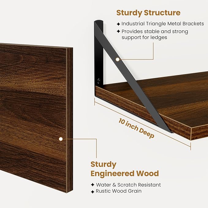 48inch Floating Shelves for Wall,10" Deep Floating Shelves with Metal Brackets,Wall Mounted Hanging Floating Shelf,Wide Display Shelves for Living Room,Bedroom,Office,Kitchen,Walnut