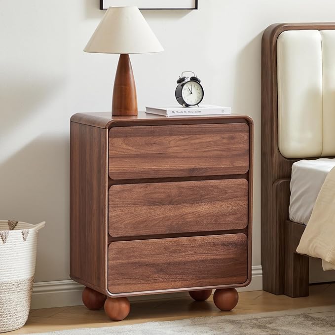 AVZEAR Modern 3 Drawer Dresser for Bedroom, Wooden Dresser Chest of Drawers, Handle Free & Curved Profile Design, Mid Century 3 Drawer Nightstand for Living Room, Walnut