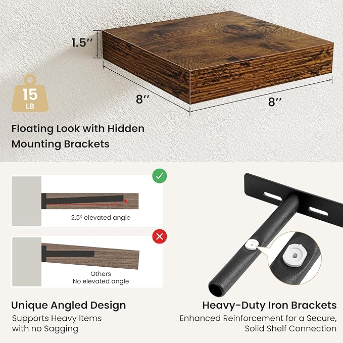 Fun Memories Floating Shelves for Wall, Rustic Wood Wall Mounted Shelves for Bathroom, Bedroom, Living Room and Kitchen, Storage & Home Decor (Set of 4, Brown, 8 in)