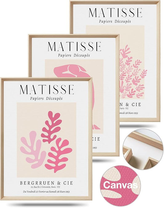 Framed Matisse Pink Canvas Wall Art,Abstract Matisse Canvas Wall Decor,16x12IN High Framed Wood Design Prints,Minimalist Wood Frame Posters for Living Room,Bedroom,Bathroom Set of 3