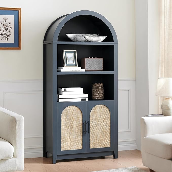 RowyPoey Rattan Arched Cabinet Bookshelf - 69.3” Tall Mid Century Display Cabinet, Rounded Bookcase with Rattan Doors, Open Shelf Storage for Dining Room (Blue, 1 PC)