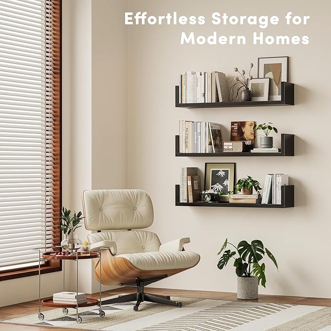 Wall Bookshelf, Set of 3, U Shaped Floating Bookshelf, Hanging Bookshelves for Wall, Wall Mounted Shelves for Living Room Bedroom Office (Black, 17 Inches, 3)