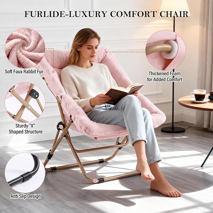 Furlide Modern Pink Faux Fur Foldable Metal Frame Recliner Chair for Bedroom, Living Room, Balcony