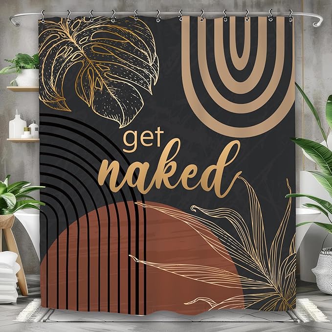 Yookeb Abstract Mid Century Bathroom Shower Curtain 60W by 71H Inch Minimalist Aesthetic Modern Contemporary Dark Get Naked Polyester Fabric 12 Plastic Hooks Waterproof Decor