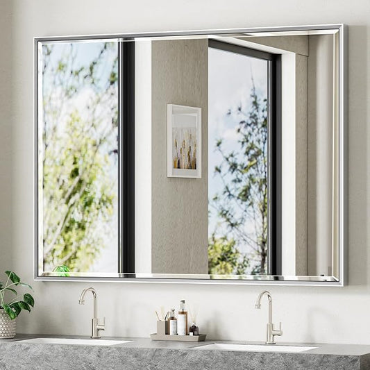 48 x 36 Silver Bathroom Mirror, Large Beveled Silver Bathroom Vanity Mirror, Shatterproof Silver Rectangle Mirror, Silver Metal Framed Mirror for Bathroom Wall, Anti-Rust(Vertical/Horizontal)