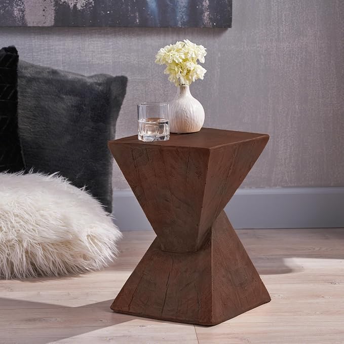 ø12.5'' Square Hourglass Side Table End Table for Living Room, Modern Retro Style, Magnesium Oxide & Light Weight for Indoor & Outdoor, No Assembly, Wood Grain, Dark Brown