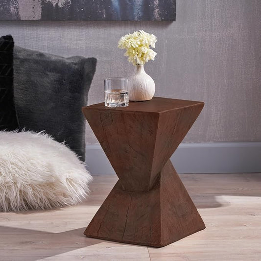 ø12.5'' Square Hourglass Side Table End Table for Living Room, Modern Retro Style, Magnesium Oxide & Light Weight for Indoor & Outdoor, No Assembly, Wood Grain, Dark Brown