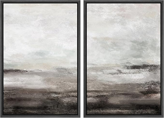 MUDECOR Framed Wall Art Print Set Brown and Gray Grunge Paint Stroke Landscape Abstract Shapes Illustrations Modern Minimalist Chic Relax/Calm for Living Room, Bedroom, Office - 24"x36"x2 Black