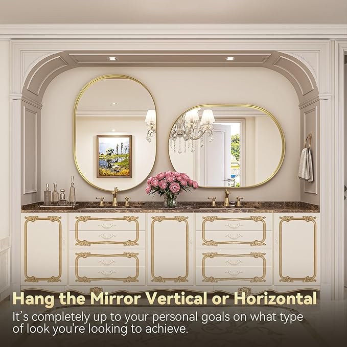 Brightify Gold Oval Mirror for Wall 30x42 Inch, Metal Framed Bathroom Vanity Mirrors, Modern Pill Shaped Mirror for Bedroom Living Room Wall Decorative Hang Vertical and Horizontal