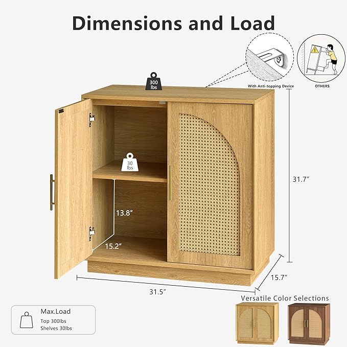 FORTUNETEC Sideboard Buffet Cabinet with Storage, 31.5" Modern Accent Cabinet with Rattan Arched Doors, Modular Media Console, Boho Credenza for Living Room Kitchen Dining Room Entryway, Oak