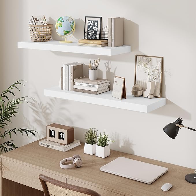 Fun Memories Floating Shelves Set of 2, 36 Inch Long Wooden Wall Shelves, 10 Inch Deep Wall Mounted Storage Shelf with Metal Brackets for Living Room, Bathroom, Bedroom and Kitchen, White