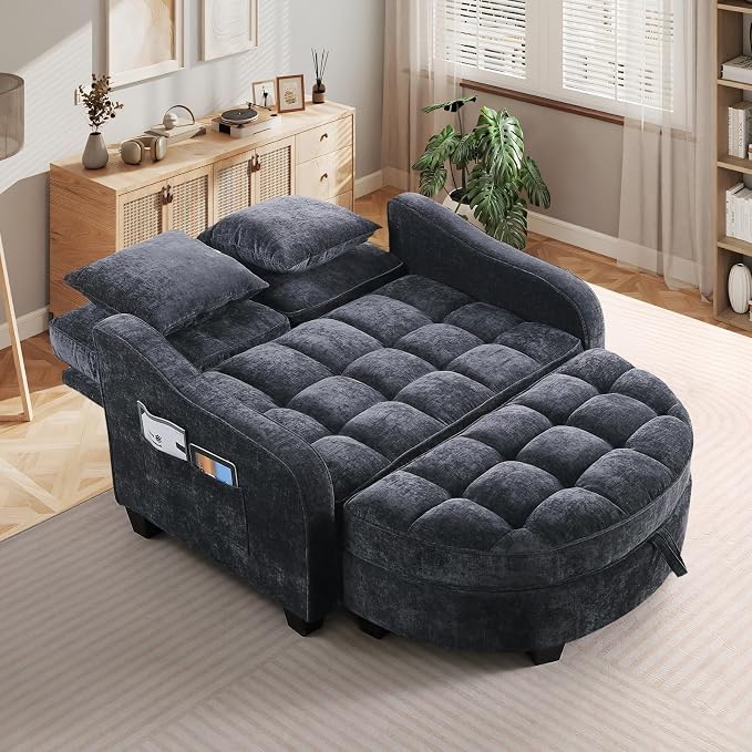 Oversized Chaise Lounge Chair Indoor with Ottoman, Chenille Tufted Comfy Loveseat Sofa Chair with Adjustable Backrest, Fluffy Recliner Sofa, Convertible Sleeper Couch Bed for Living Room(51"W, Black)