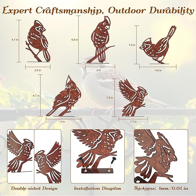 Rusty Birds Decoration, Outdoor Bird Wall Decor, Metal Bird Yard Decor, Garden Sculptures, Yard Art, Fence Decorations Outdoor, Rustic Garden Decor, Metal Birds Craft Statue Ornaments