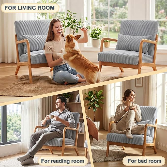 Accent Chairs, Mid-Century Modern Chair with Pillow, Armchair with Solid Wood, Reading Relaxing Leisure Chair for Living Room (Light Grey)