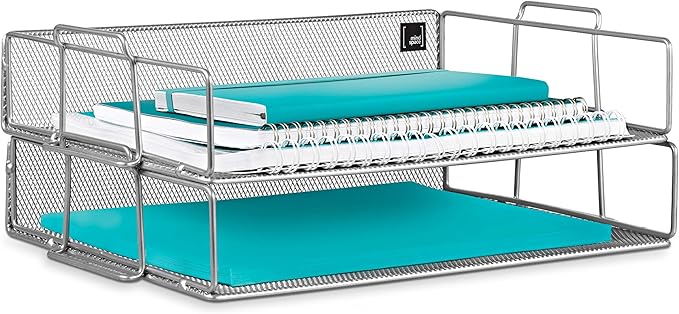 Mindspace 2 Tier Stackable Letter Tray | Paper Tray Desk Organizer | The Mesh Collection, Silver