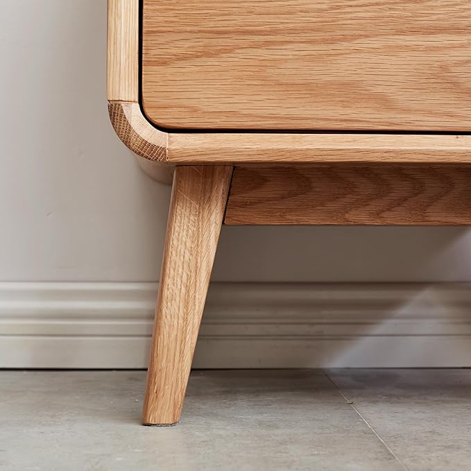 Mid-Century Modern Solid Oak Nightstand, 2-Drawer Bedside Table with Open Storage, Wooden Bedroom End Table (Natural Oak, 16.53”x13.78”x23.22”)