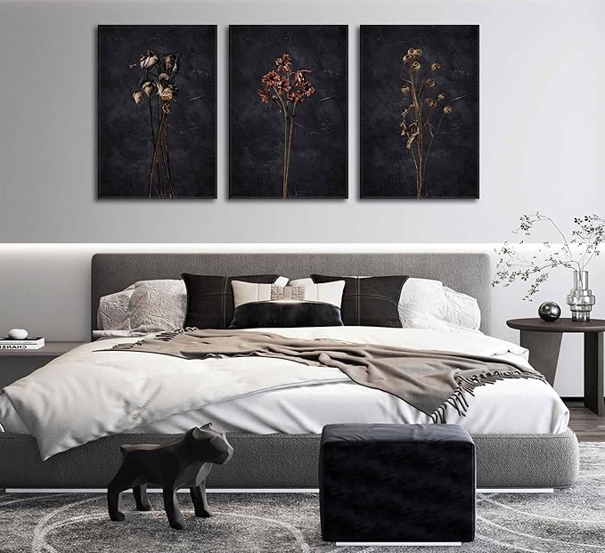 3Pcs Dark Floral Canvas wall art Moody Dried Wildflower Posters Pictures Nature Wilderness Botanical Paintings Abstract Prints for Living Room Bedroom Office Modern Farmhouse Wall Decor Framed