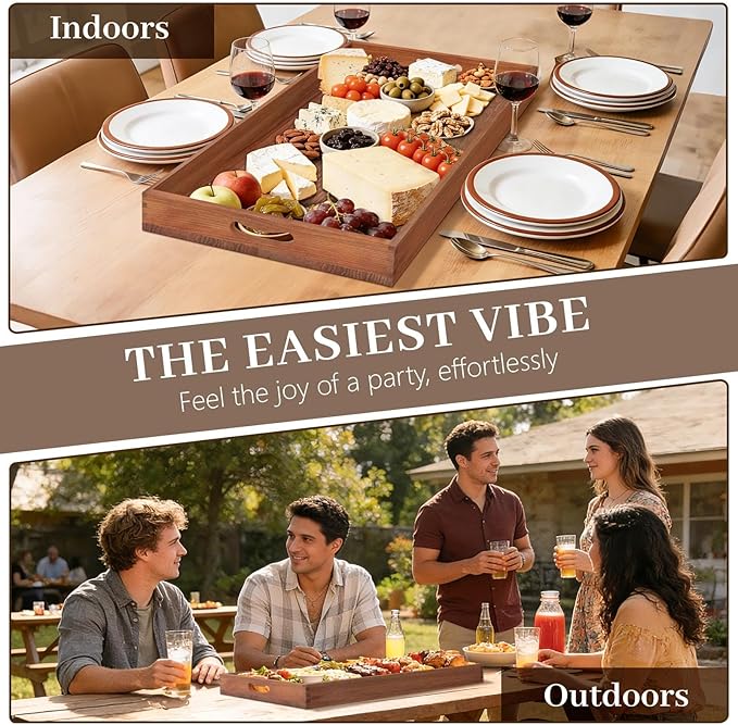 MAONAME Extra Large Cherry Wood Serving Tray with Handles, 32 x 18 inches Wooden Ottoman Tray, Long Serving Board for Party Breakfast Dinner, Classic Charcuterie Board for Meat, Cheese & Appetizers