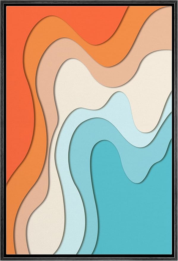 Woodrose Framed Canvas Print Wall Art Neon Orange, Tan & Blue Color Gradient Abstract Shapes Illustrations Modern Art Minimalist 3D Colorful Ultra for Living Room, Bedroom, Office - 16"x24" BLACK