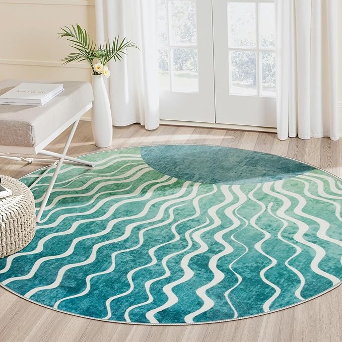 Wonnitar Boho Sun Print Round Rugs 5ft, Washable Circular Rug Green Round Carpet for Bedroom, Soft Sunset Distressed Non Slip Circle Carpet for Dining Room Living Room Office, Teal/Multi
