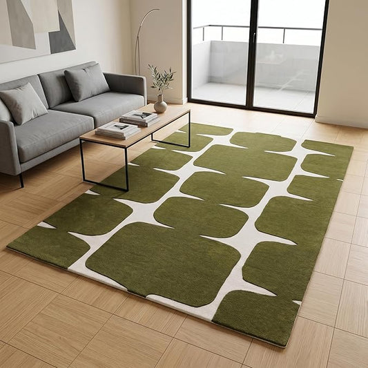 Restoration and Renovation Modern Wool Area Rug - Contemporary Abstract Geometric Design, Thick & Soft Hand-Tufted Carpet - Ideal for Indoor Decor in Living Room, Bedroom (Olive Green, 3' x 5')