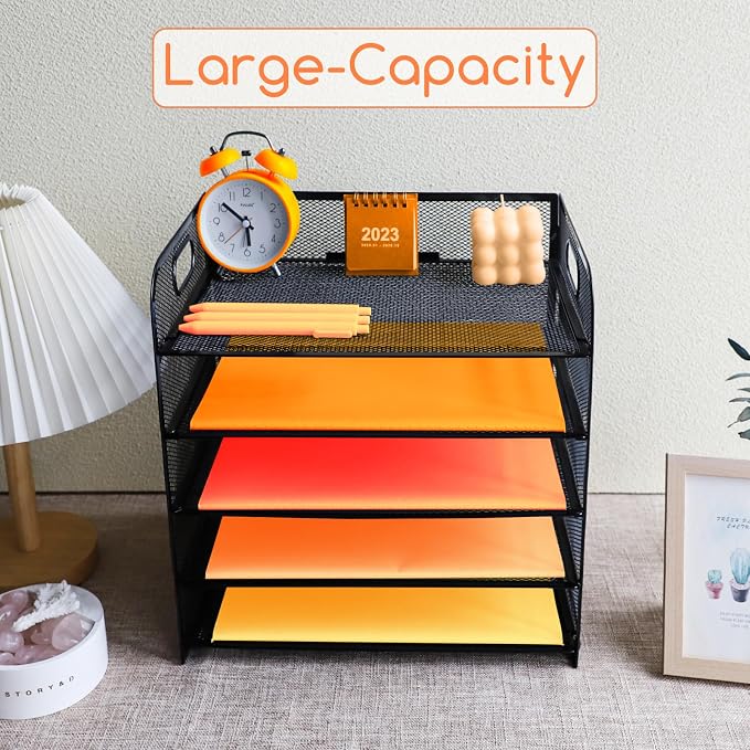 5-Tier Paper Letter Tray Organizer with File Holder，Paper Sorter Desk Organizer Metal mesh Desk Tray for Home Office School