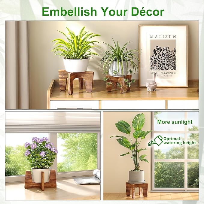 Plant Stands Indoor Outdoor, Plant Risers for Inside Pots Sturdy Short Plants Holder, Flower Pot Stand for Indoor Plants, Small Single Floor Plant Bamboo Display Stand (Brown 12“ (2 pack))