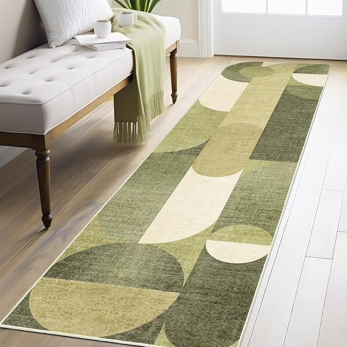Green Runner Rug 2x8 Washable Rug Runners for Hallway Kitchen,Long Rugs for Bedroom Entryway Bathroom,Non Slip Modern Geometric Floor Carpet
