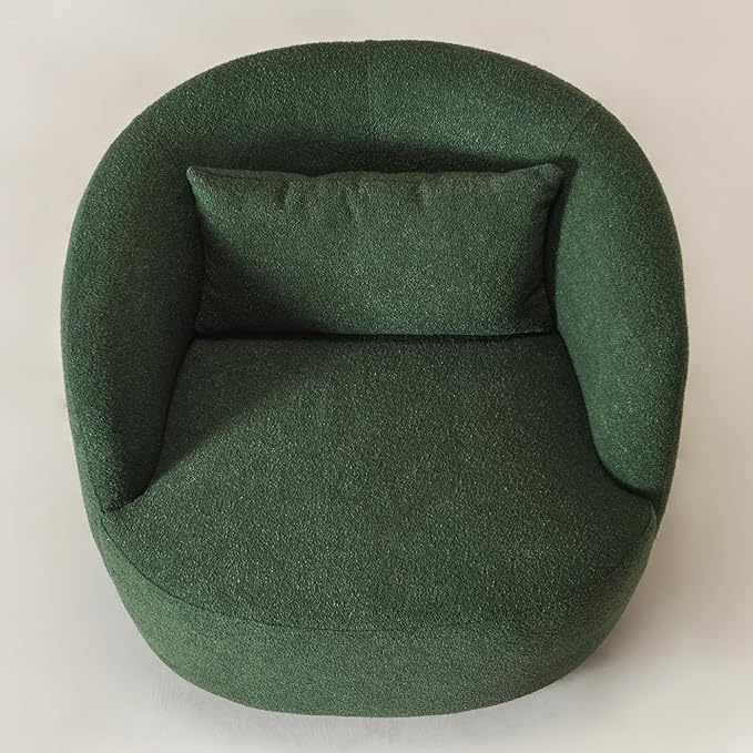KINWELL 34" Wide Boucle Swivel Barrel Chair, No Assembly Round Upholstered Armchair Accent Chair Single Sofa Chair with Toss Pillow for Living Room and Bedroom, Green