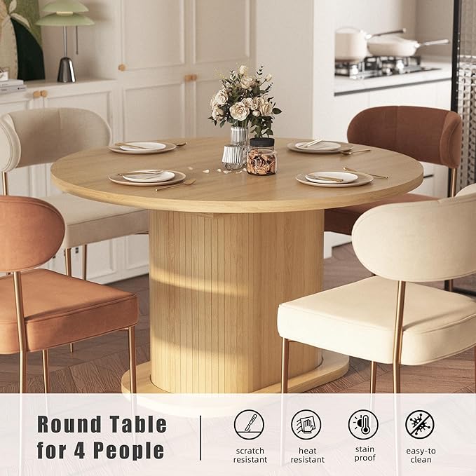 39.37"-55.12" Round Extendable Dining Table, Oval Kitchen Table with Fluted Metal Slide Door, Space-Saving Expandable Dining Table for Small Apartment & Family Use, Natural