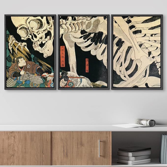 wall26 Framed Wall Art Print Set Witch & Skeleton Ukiyo-E by Utagawa Takiyasha Historic Cultural Illustrations Fine Art Chic Scenic Multicolor for Living Room, Bedroom, Office - 16"x24"x3 Black