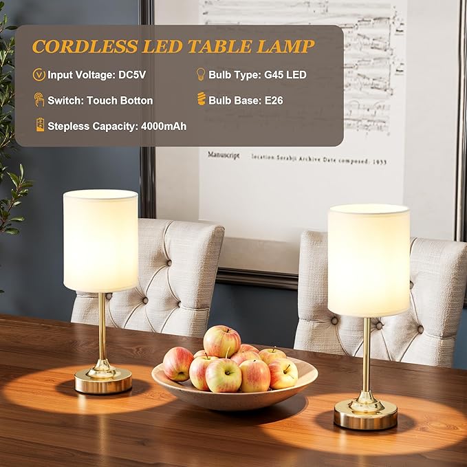Touch Control Cordlss Table Lamp, USB-C Rechargeable Lamp with Stepless Dimming, 4000mAh Battery Operated Vintage Bedside Lamp for Bedroom, Living Room, Night Light & Emergency Lighting, Brass, 1 Pack