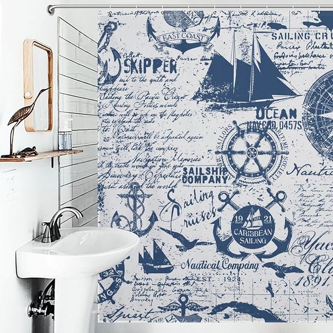 Nautical Map Shower Curtain,Lighthouse Sailboat Compass Anchor Coastal Shower Curtain for Bathroom Polyester Fabric Ocean Themed Bathroom Decor Set with Hooks,72x78Inch