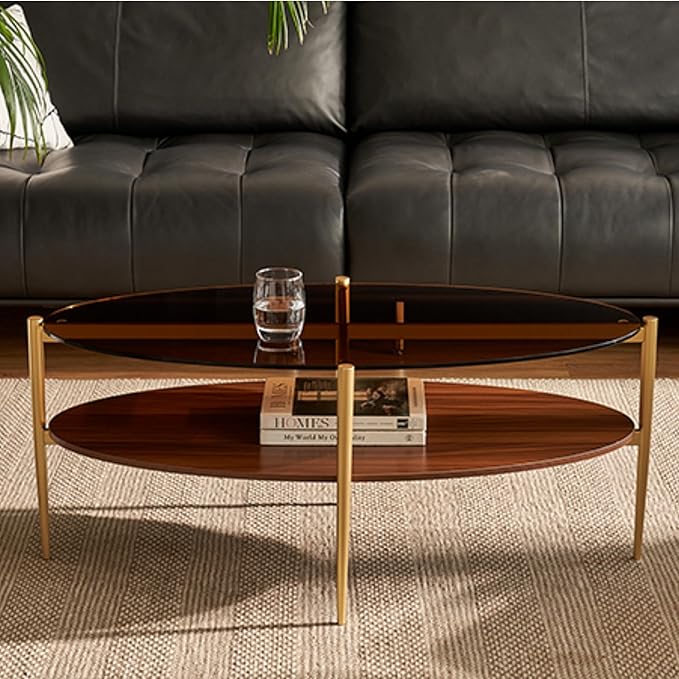 Saint Mossi Olive Glass Coffee Table for Living Room, Mid Century Modern Center Table, Surfboard Brown Glass & Coffee Brown MDF Bottom Shelf, L41xW21xH17, Gold Table Legs