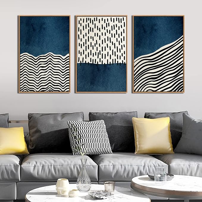 Framed Wall Art Canvas Set Mid Century Boho Picture Modern Abstract Geometric Lines Wall Decor Minimalist Black Indigo Canvas Painting Artwork Living Room Bedroom Home Office 16"x24"x3 Natural
