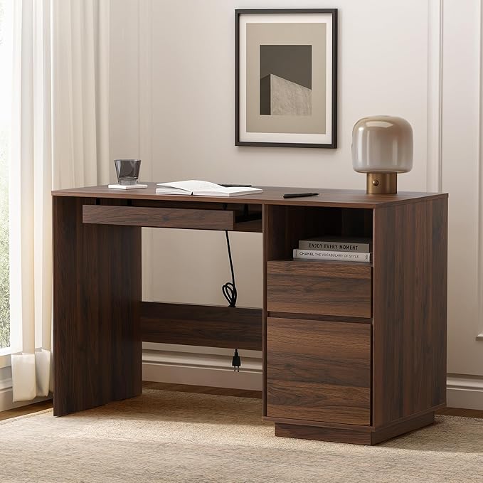 47" Executive Desk with File Drawer, Farmhouse Computer Desk with Charging Station and Open Storage Compartment Wooden Home Office Desk for Writing Study Working, Brown