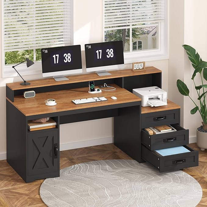 TVU Farmhouse Computer Desk with Drawers, 65'' Home Office Desk with Power Outlets, Storage Cabinet and Printer Stand, Study Writing Desks with Long Monitor Stand, Brown and Black