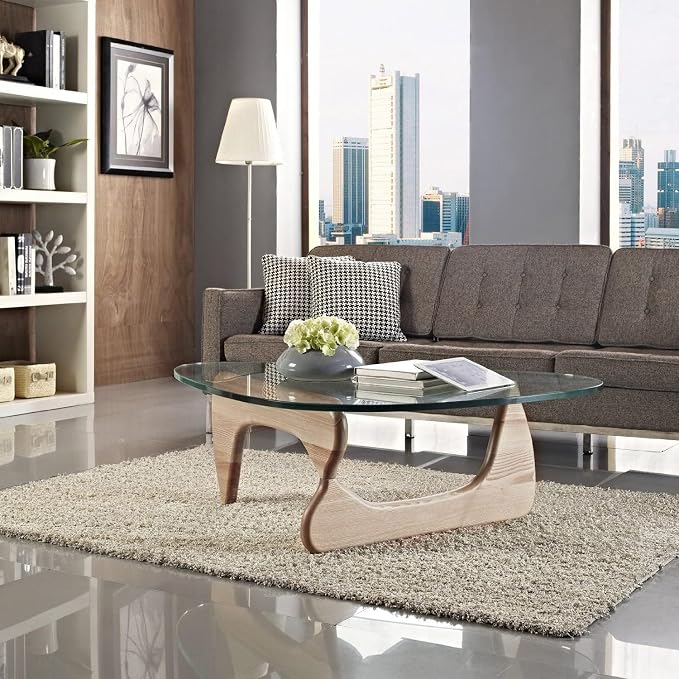 Triangle Glass Coffee Table, Mid-Century Modern Coffee Table, Solid Wood Base and Triangle Clear Glass Top Modern Table for Living Room, Office, Patio