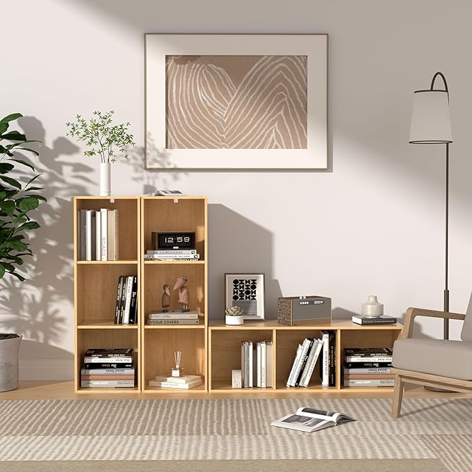 3 Cube Storage Organizer with Legs, 3 Tier Cube Low Bookcase Freestanding Storage Organizer for Home Office, Livng Room,Three-Cubes Open Shelf Short Bookshelf (Natural Oak, 3 Cube)