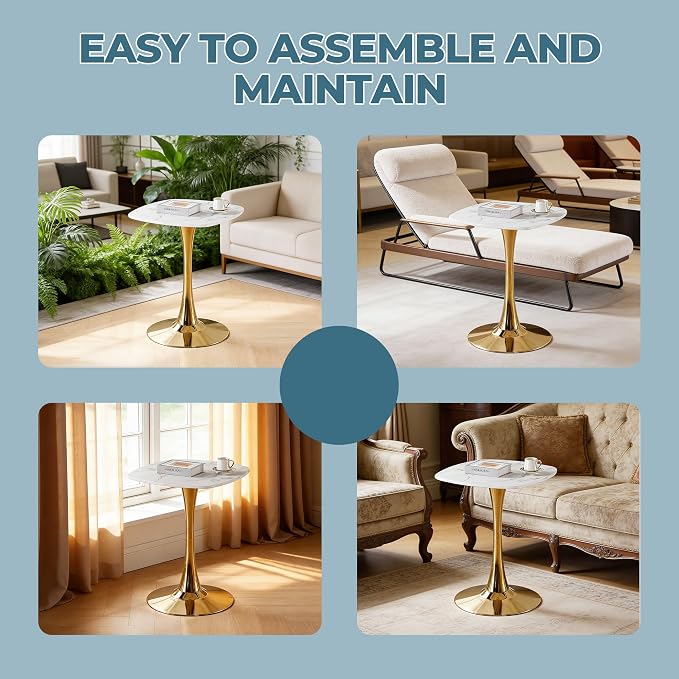 24" Square Tulip Dining Table, White & Gold Modern Pedestal Table for 2-4, Luxury Small Dining Table for Kitchen, Apartment, Bistro, Cafe, Mid Century Modern Design