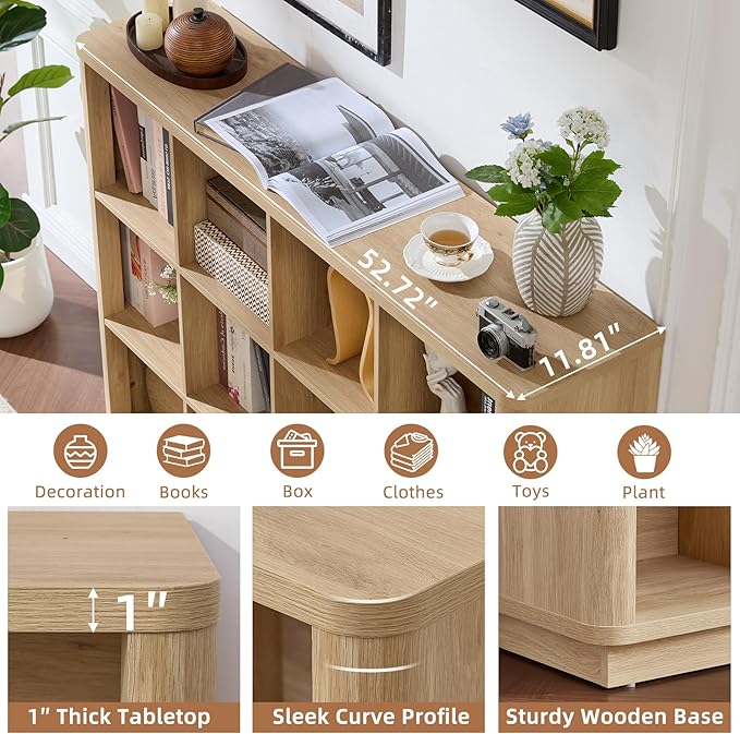 Joaxswe 12 Cube Storage Organizer, 41" Large Bookshelf with Curved Edge, Wood Floor Standing 3-Tier Cubby Bookcase with Base, Rustic Display Storage Cabinet for Living Room, Home Office, Natural Oak