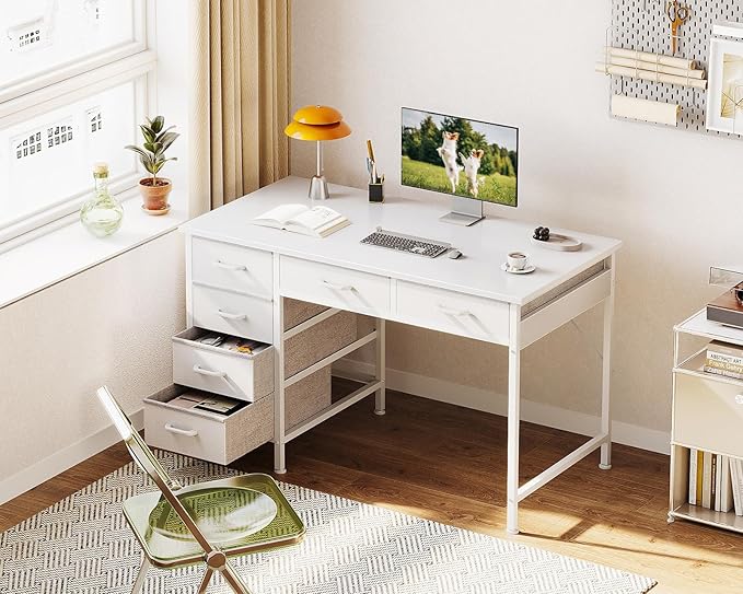 ODK Computer Desk with 6 Drawers, 40 Inch Small Desk with Storage, Reversible Desk for Home Office, Work Study Table for Bedroom, White