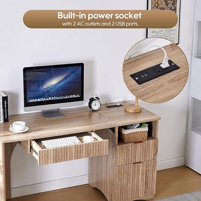 55" Modern Computer Desk with Keyboard Tray, Built-in Power Outlets, Fluted Design, 2-in-1 Main Drawer & Adjustable File Drawer, Office Desk for Home Workspace (Light Oak)
