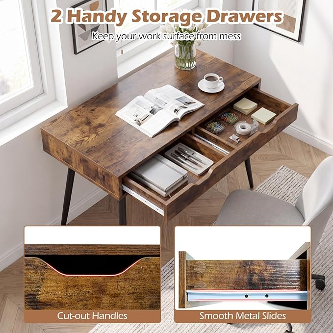Tangkula Mid Century Desk with 2 Storage Drawers, Modern Writing Study Desk with Rubber Wood Legs, Versatile Home Office Study Desk for Small Space, Vanity Table for Bedroom (Rustic Brown)
